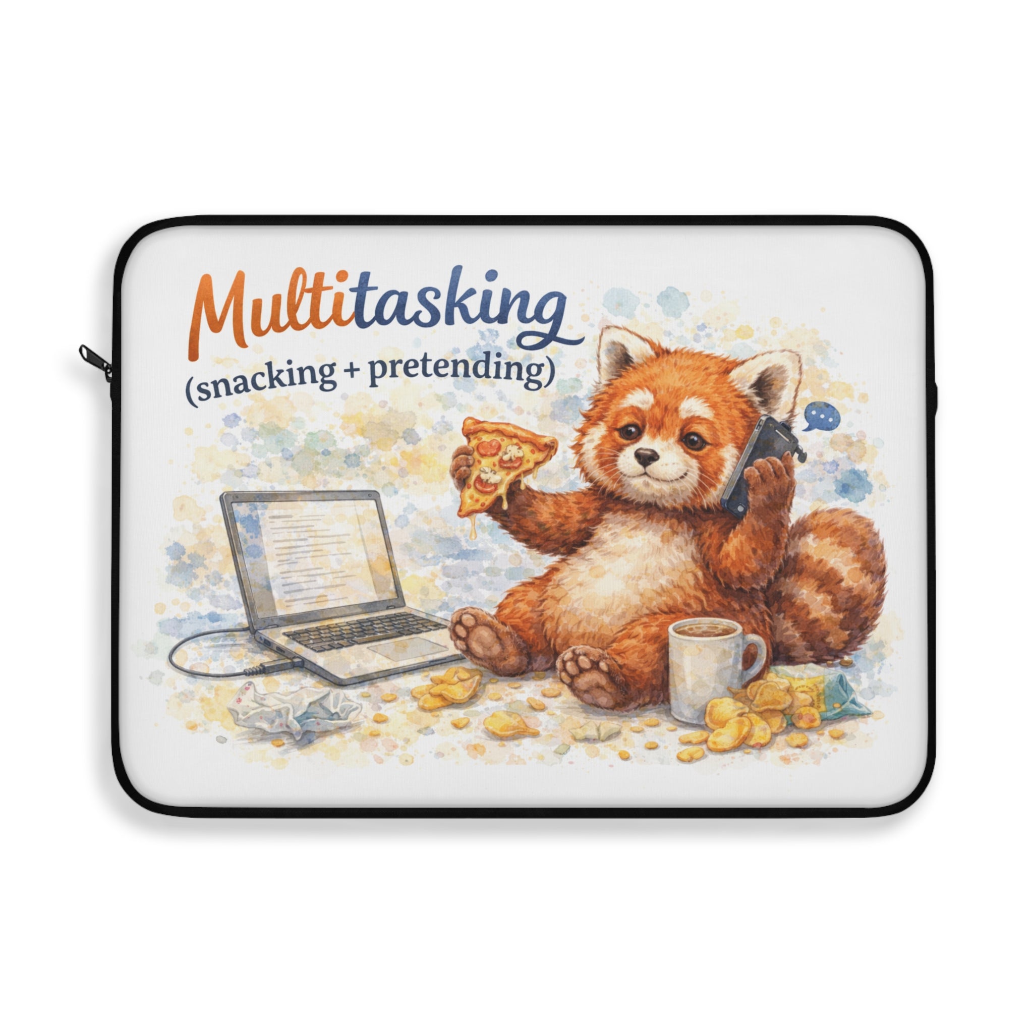 Multitasking Red Panda Laptop Sleeve — "Multitasking (snacking + pretending)" Cute Work-From-Home Tech Sleeve