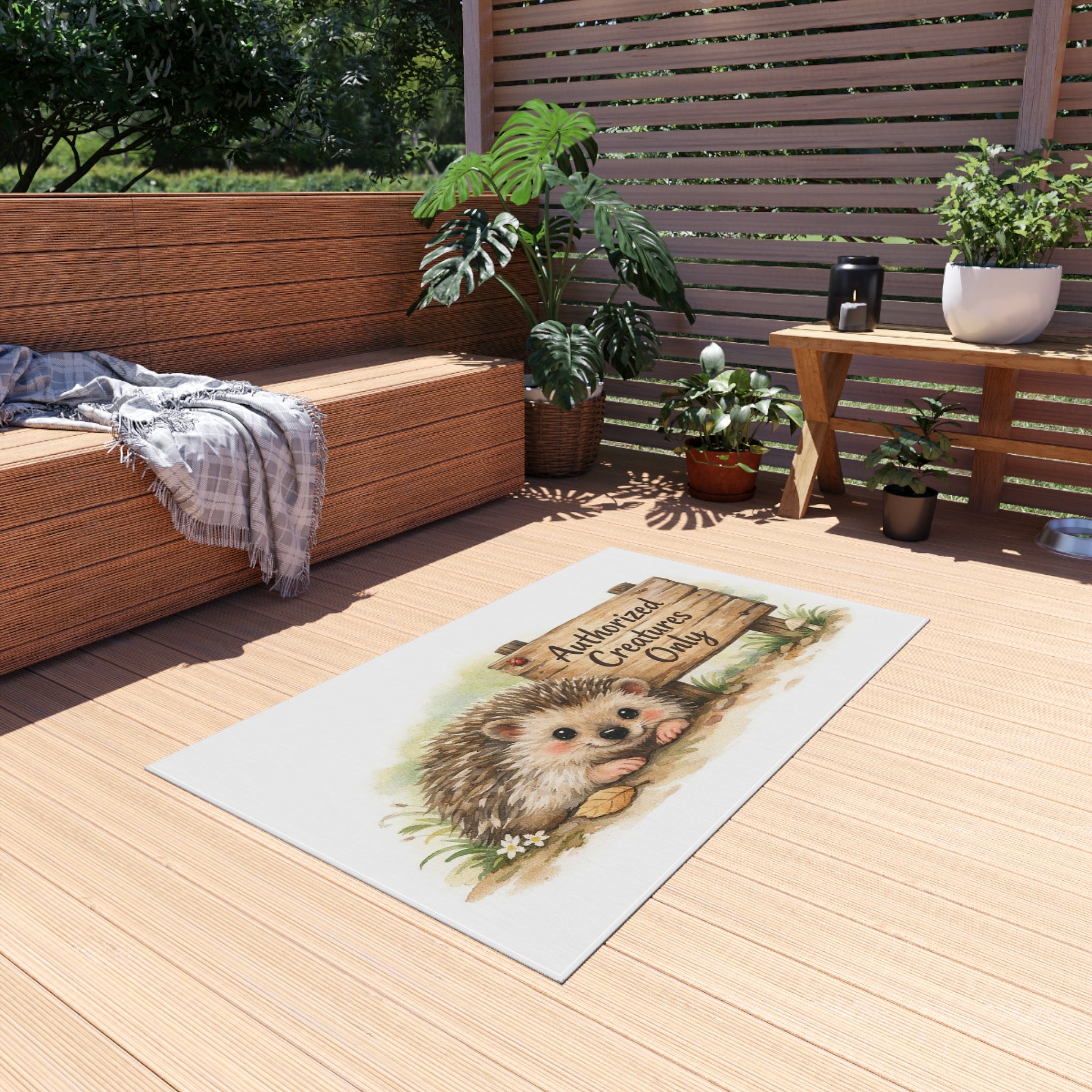 Outdoor Rug - Cute Hedgehog "Authorized Creatures Only" Doormat for Porch & Patio