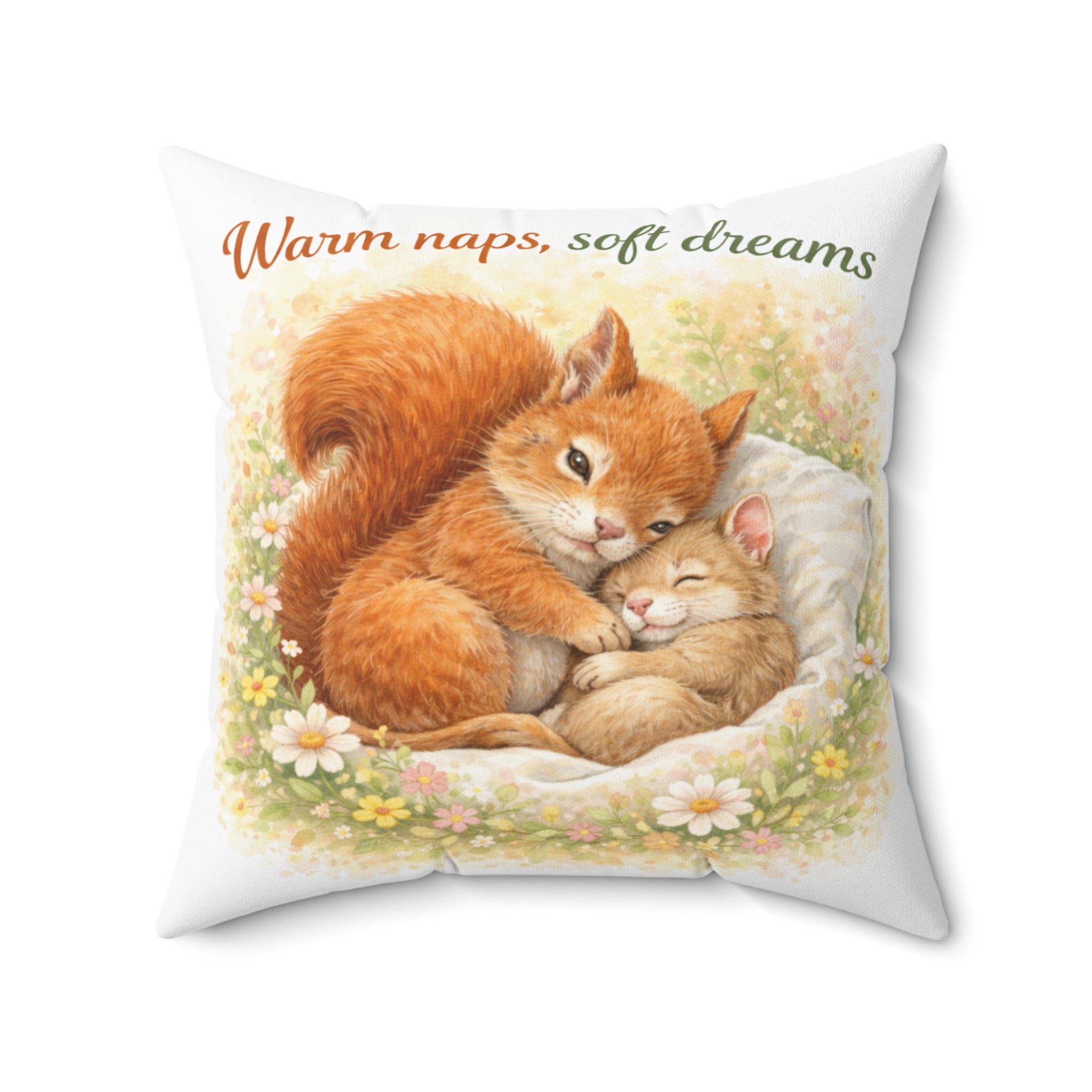 Throw Pillow – "Warm naps, soft dreams" Squirrel & Kitten Cozy Decorative Pillow