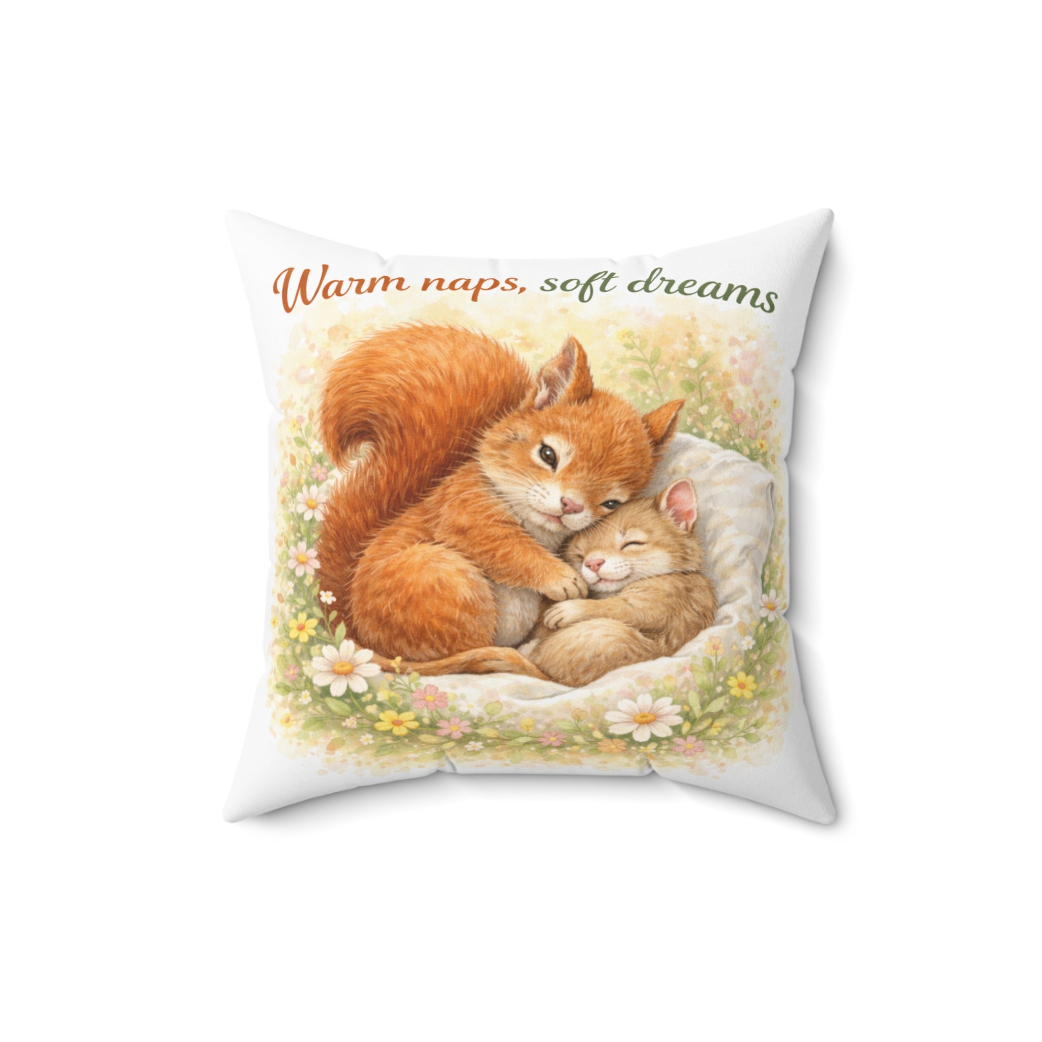Throw Pillow – "Warm naps, soft dreams" Squirrel & Kitten Cozy Decorative Pillow