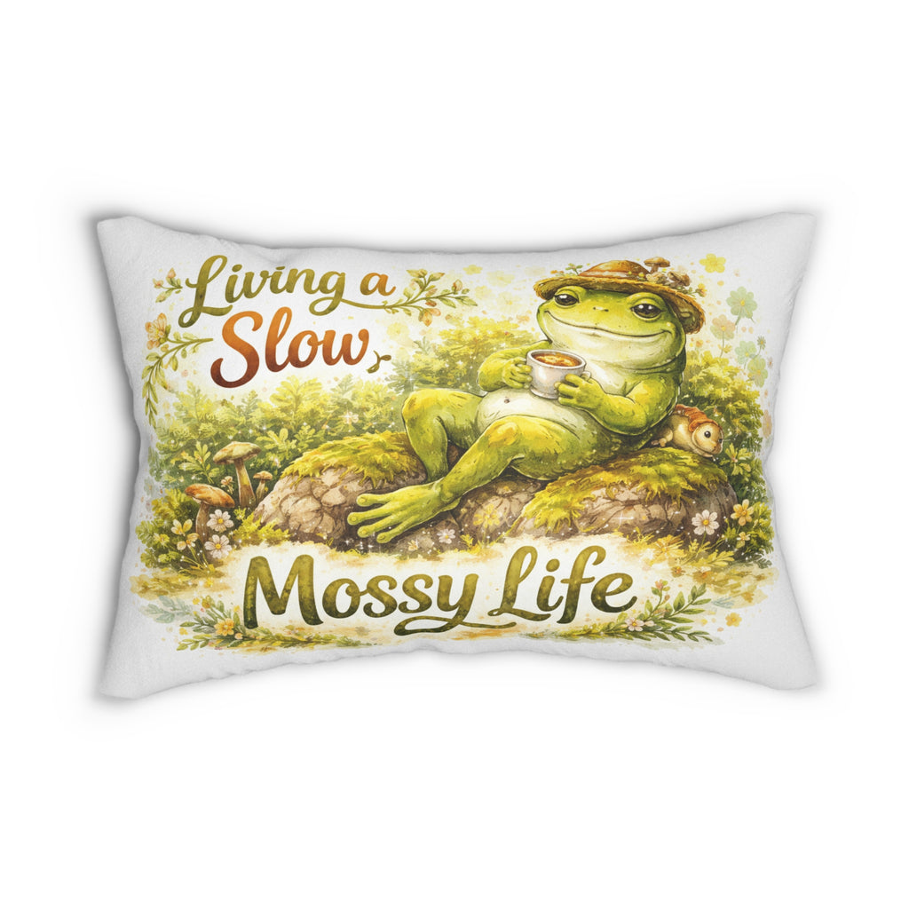 Mossy Life Lumbar Pillow — "Living a Slow" Relaxing Frog Decorative Cushion