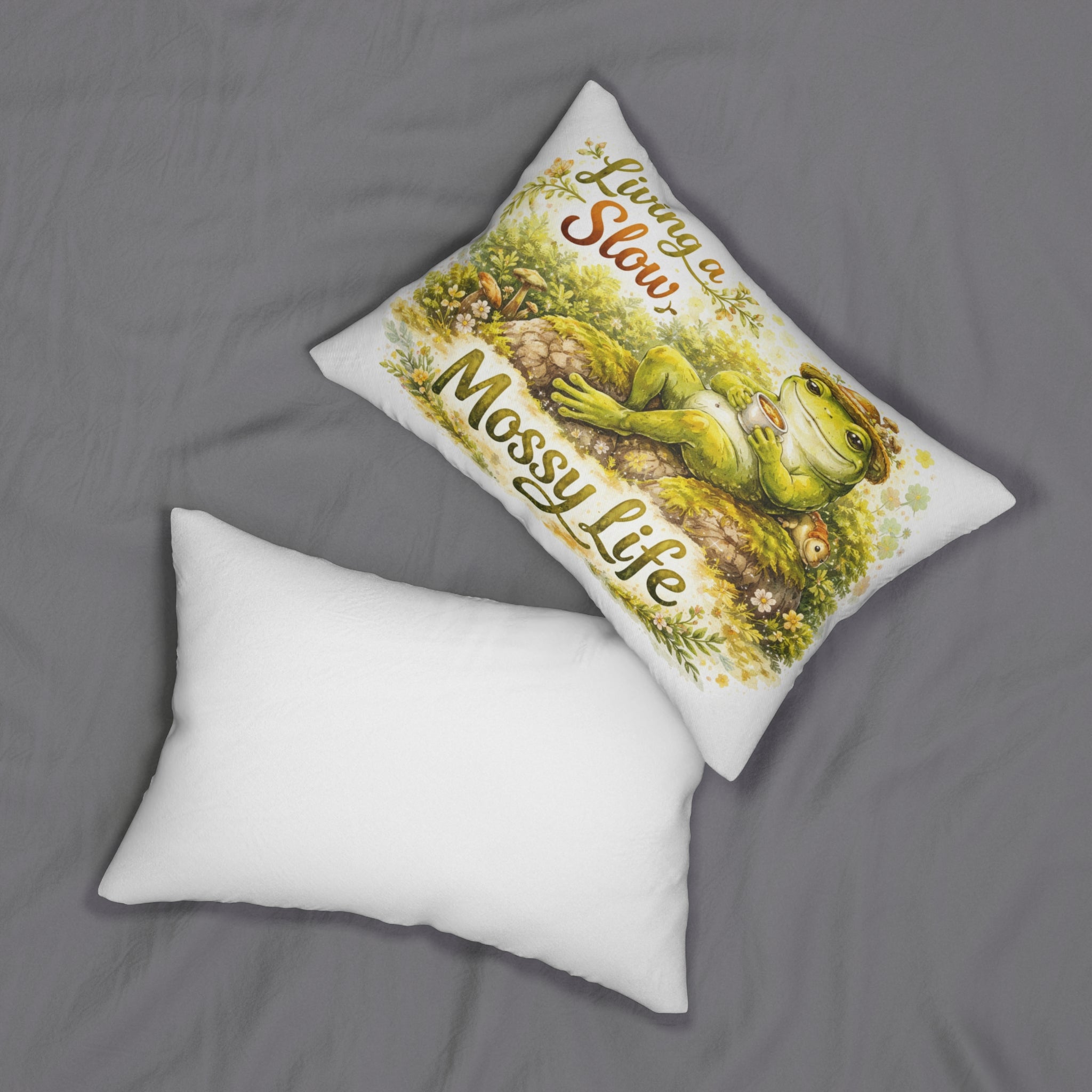 Mossy Life Lumbar Pillow — "Living a Slow" Relaxing Frog Decorative Cushion