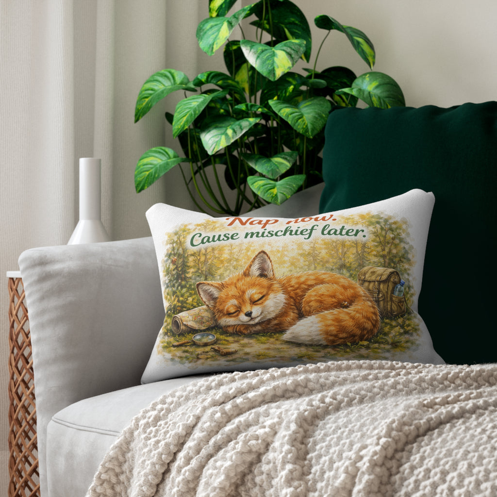 Lumbar Pillow — "Nap now. Cause mischief later." Cute Sleeping Fox Decorative Pillow