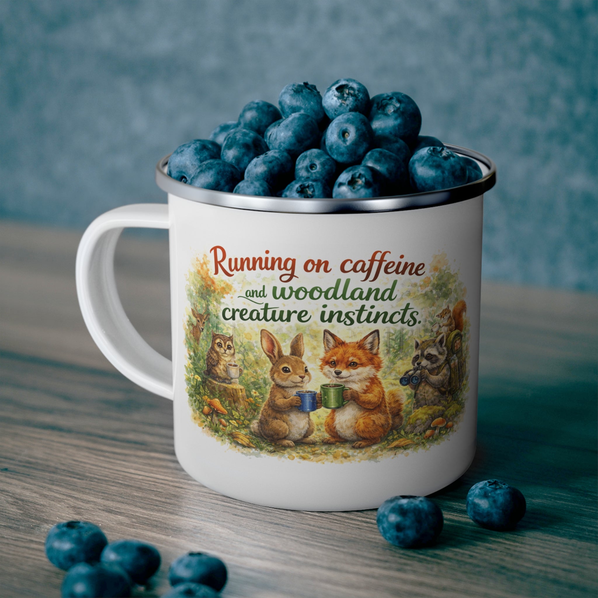 Enamel Camping Mug – "Running on Caffeine and Woodland Creature Instincts" (Cute Forest Animals, Outdoor Coffee Cup)
