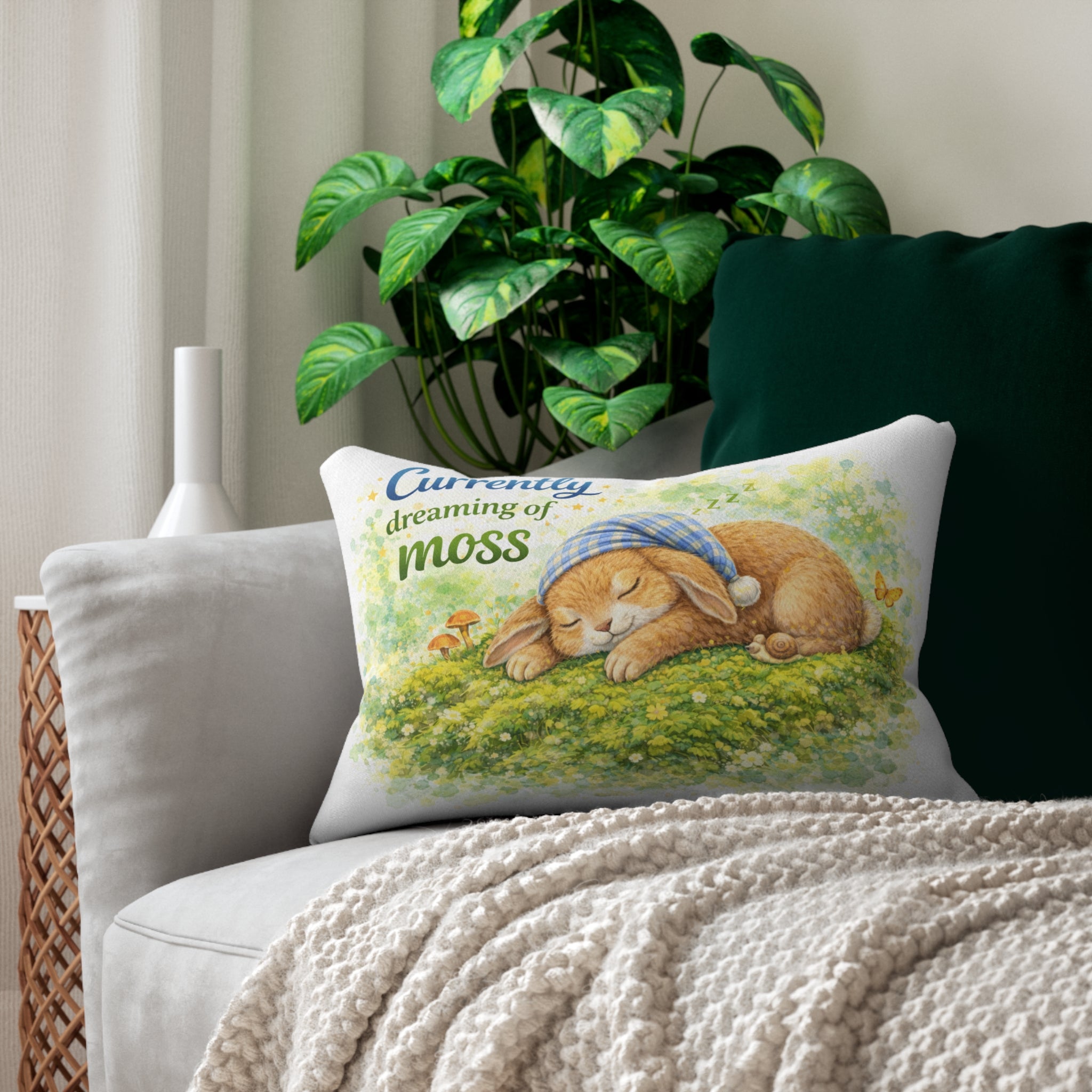 Currently Dreaming of Moss Lumbar Pillow — Sleeping Bunny Decorative Throw Pillow