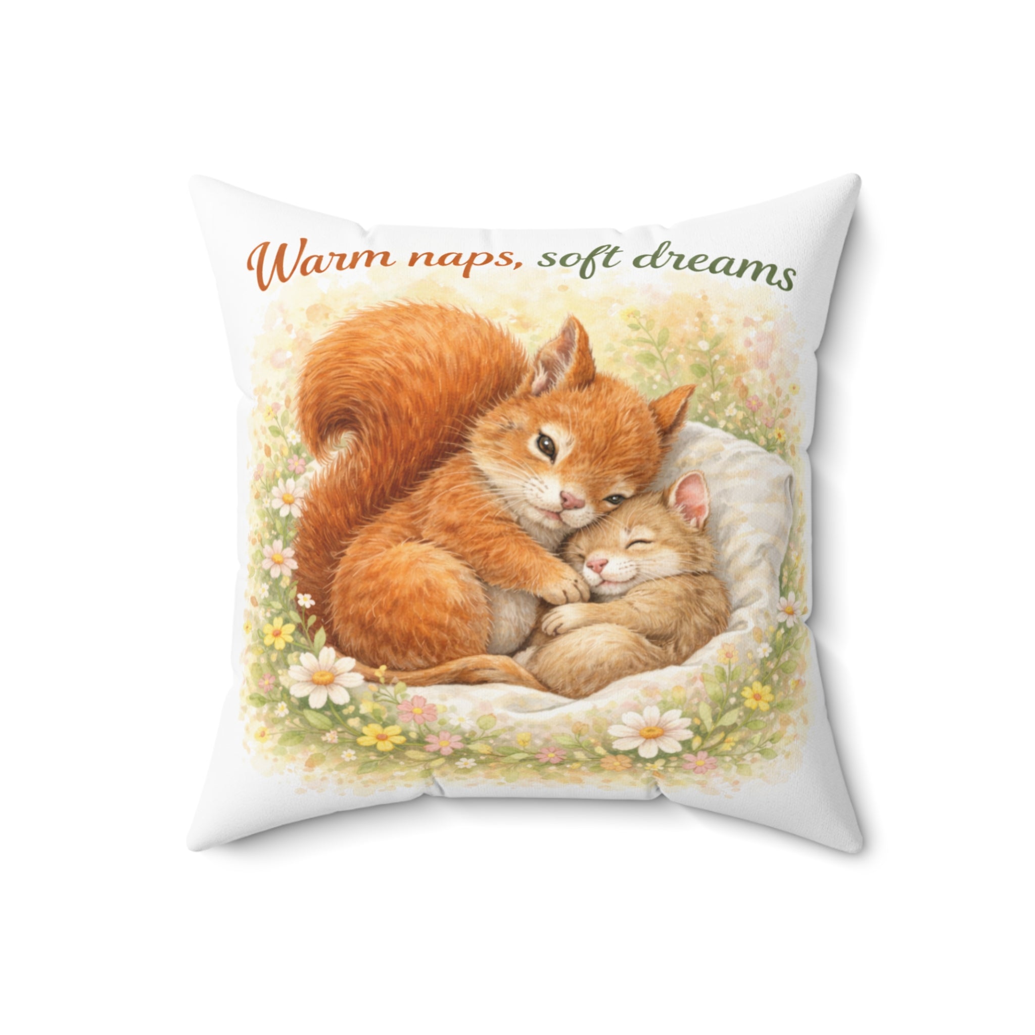 Throw Pillow – "Warm naps, soft dreams" Squirrel & Kitten Cozy Decorative Pillow