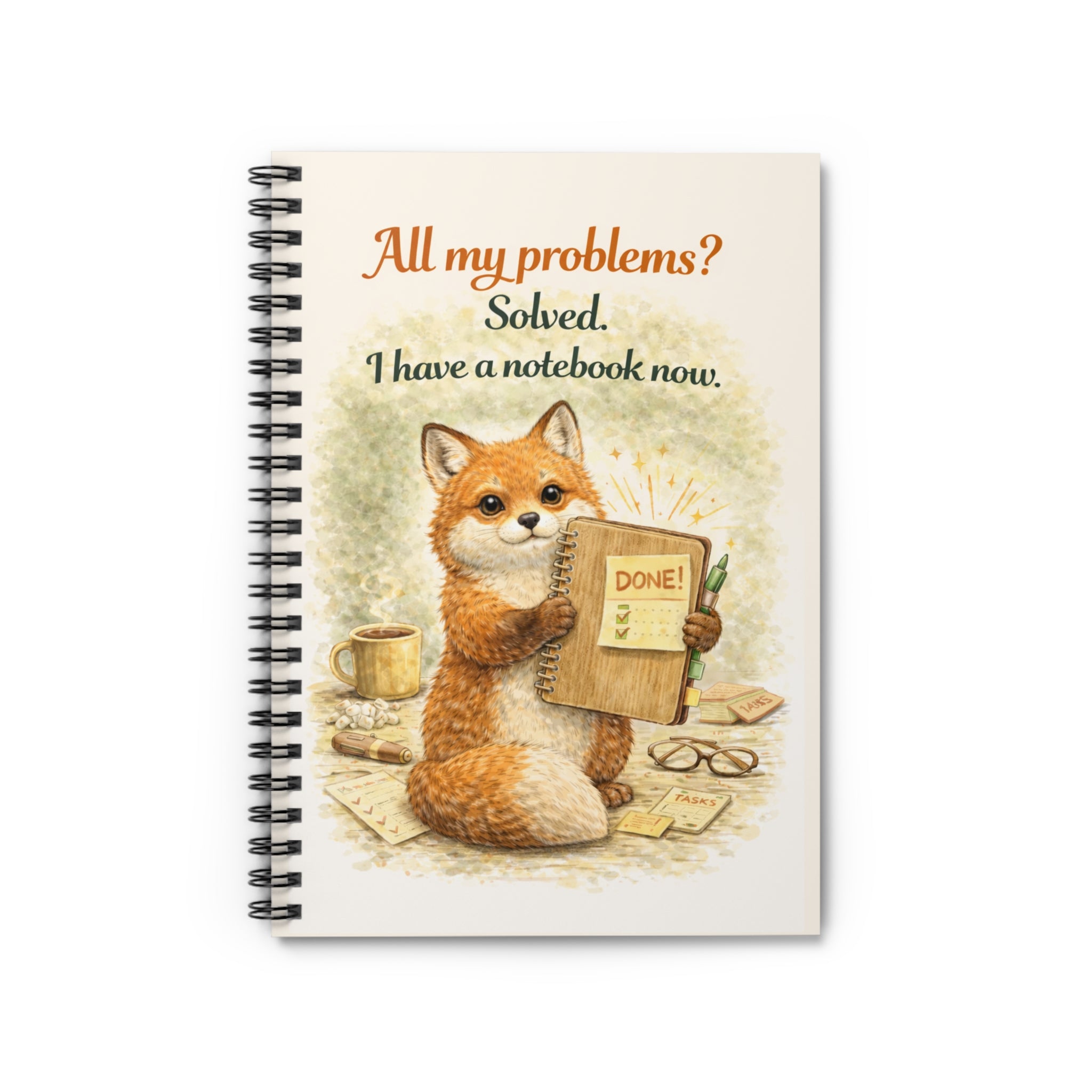 Fox Notebook — "All my problems? Solved. I have a notebook now." Spiral Journal