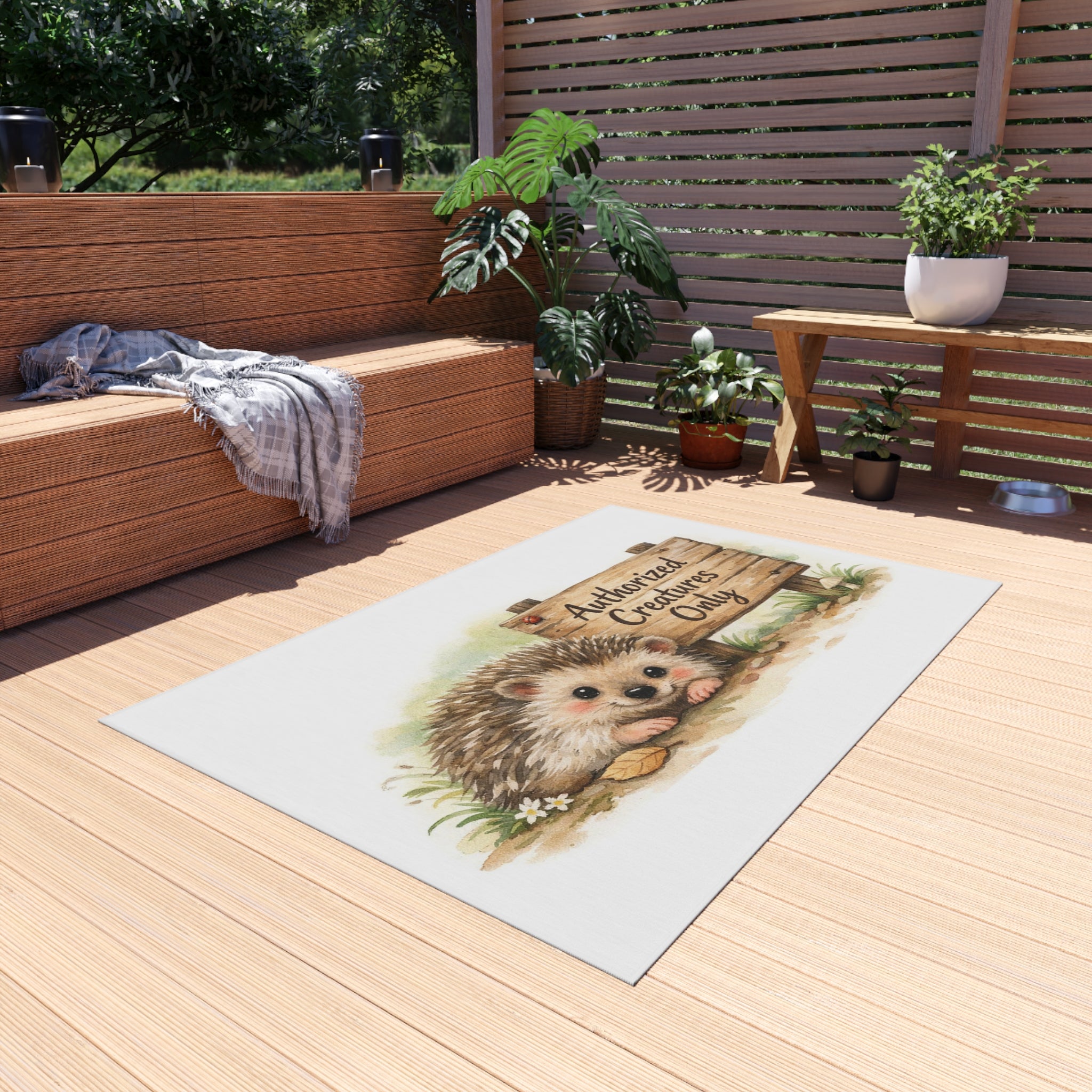 Outdoor Rug - Cute Hedgehog "Authorized Creatures Only" Doormat for Porch & Patio