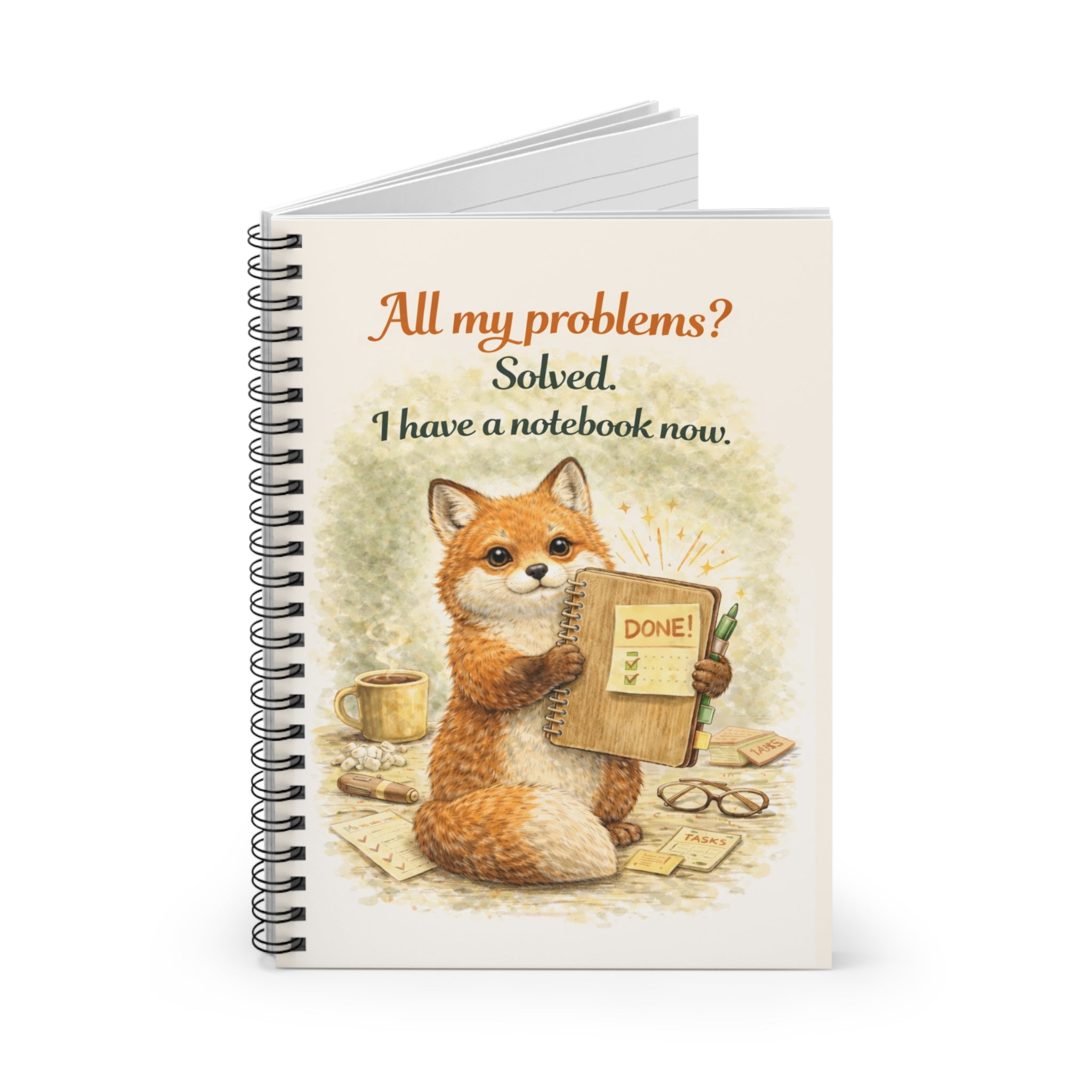 Fox Notebook — "All my problems? Solved. I have a notebook now." Spiral Journal