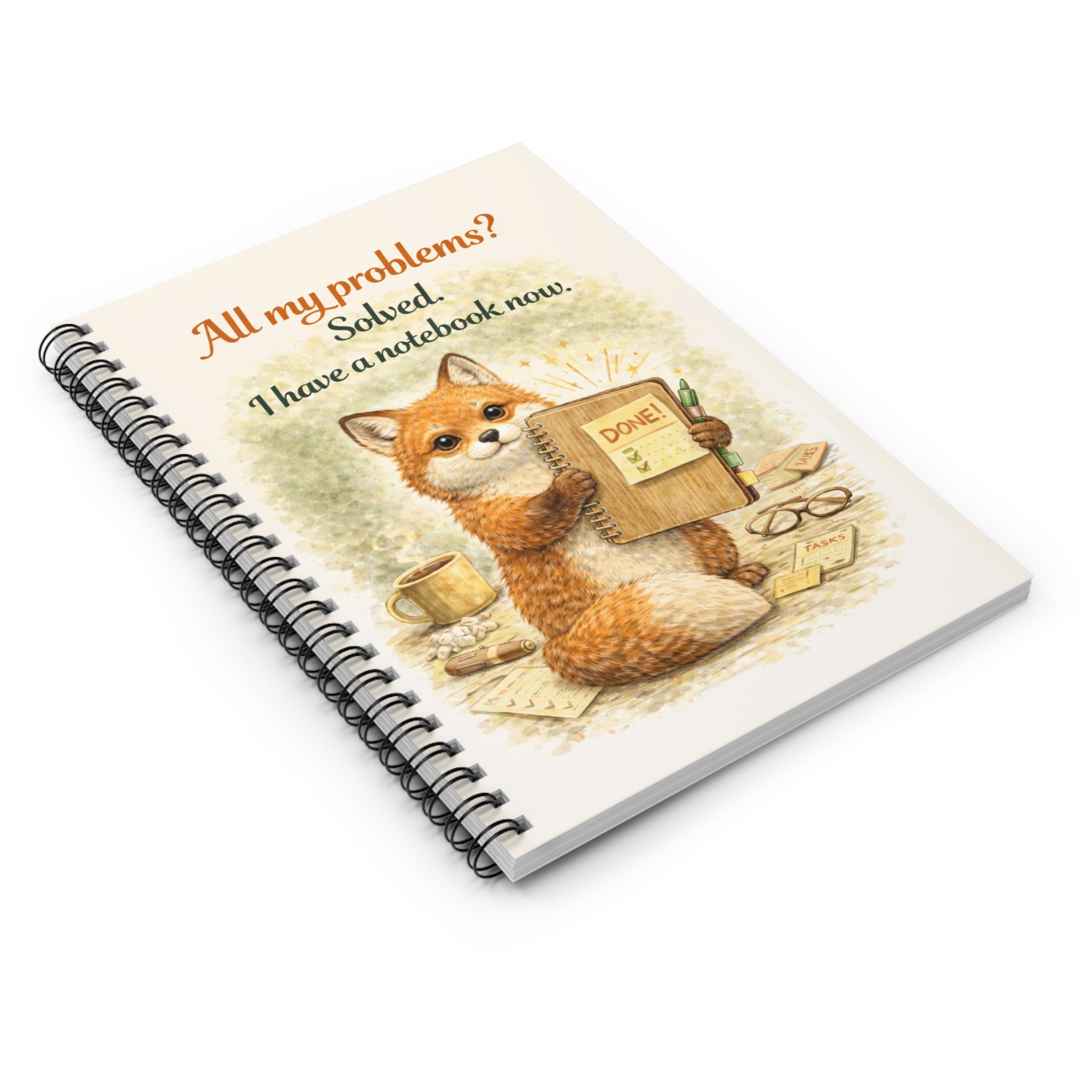 Fox Notebook — "All my problems? Solved. I have a notebook now." Spiral Journal
