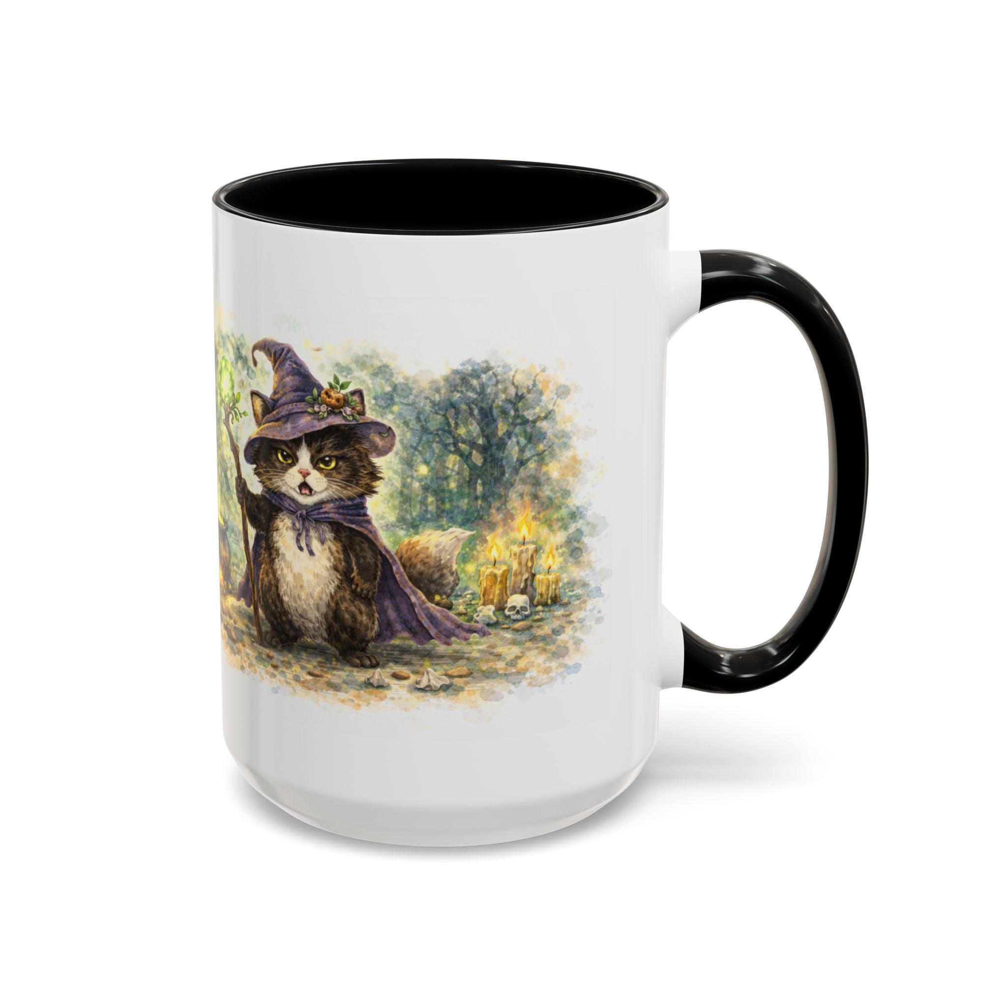 Witch Cat Coffee Mug - Cute Black Cat Wizard Illustration (11/15oz)