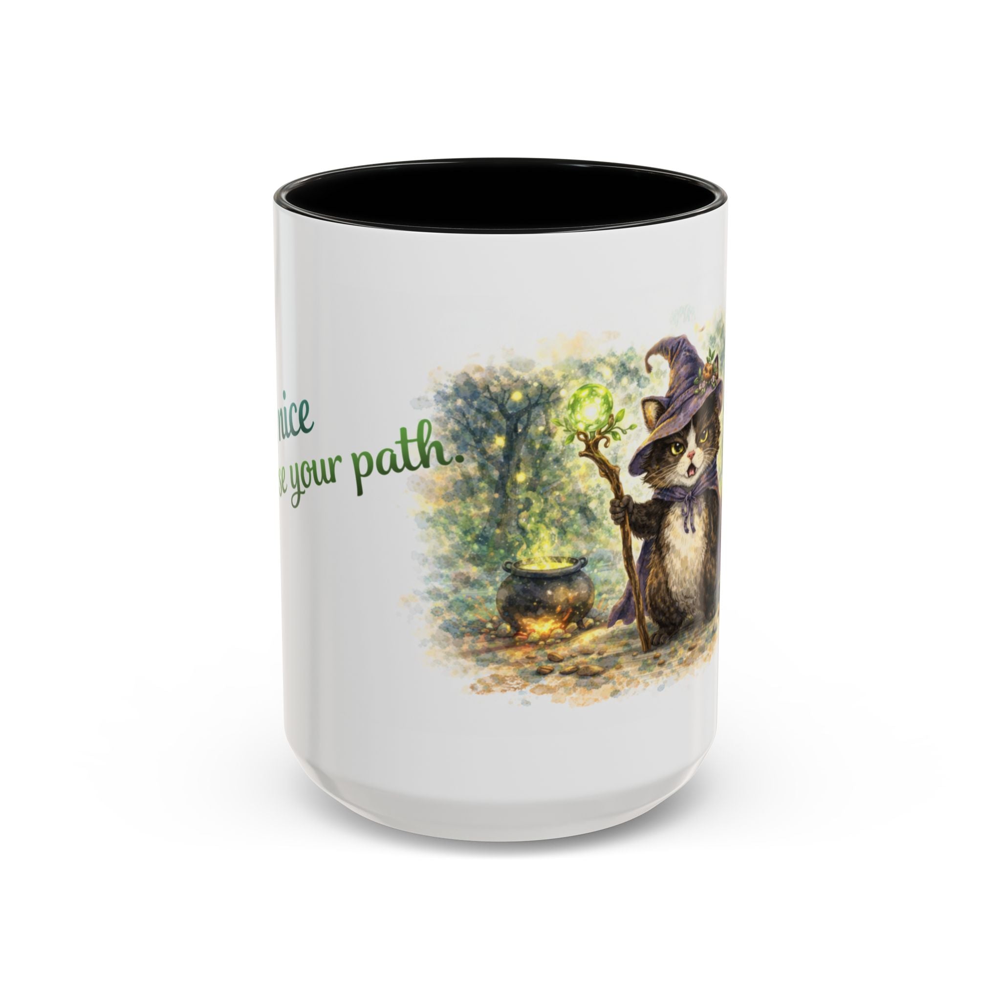 Witch Cat Coffee Mug - Cute Black Cat Wizard Illustration (11/15oz)