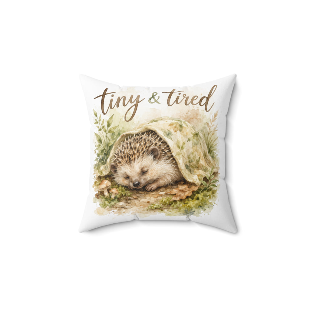 Tiny & Tired Hedgehog Throw Pillow — Cute Woodland Decorative Cushion