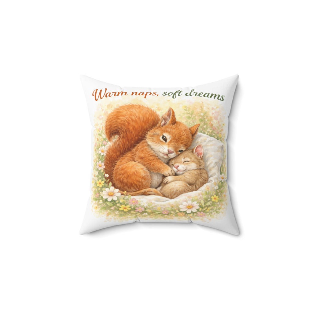 Throw Pillow – "Warm naps, soft dreams" Squirrel & Kitten Cozy Decorative Pillow