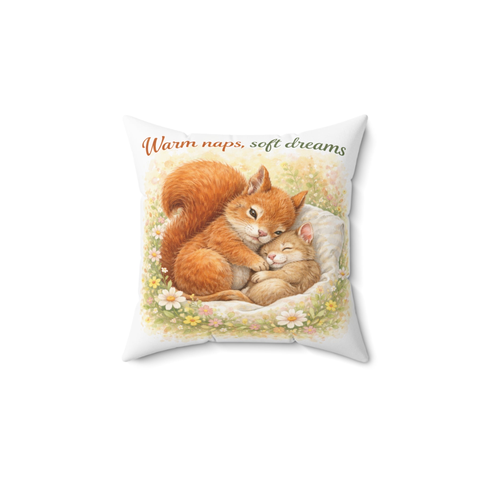 Throw Pillow – "Warm naps, soft dreams" Squirrel & Kitten Cozy Decorative Pillow