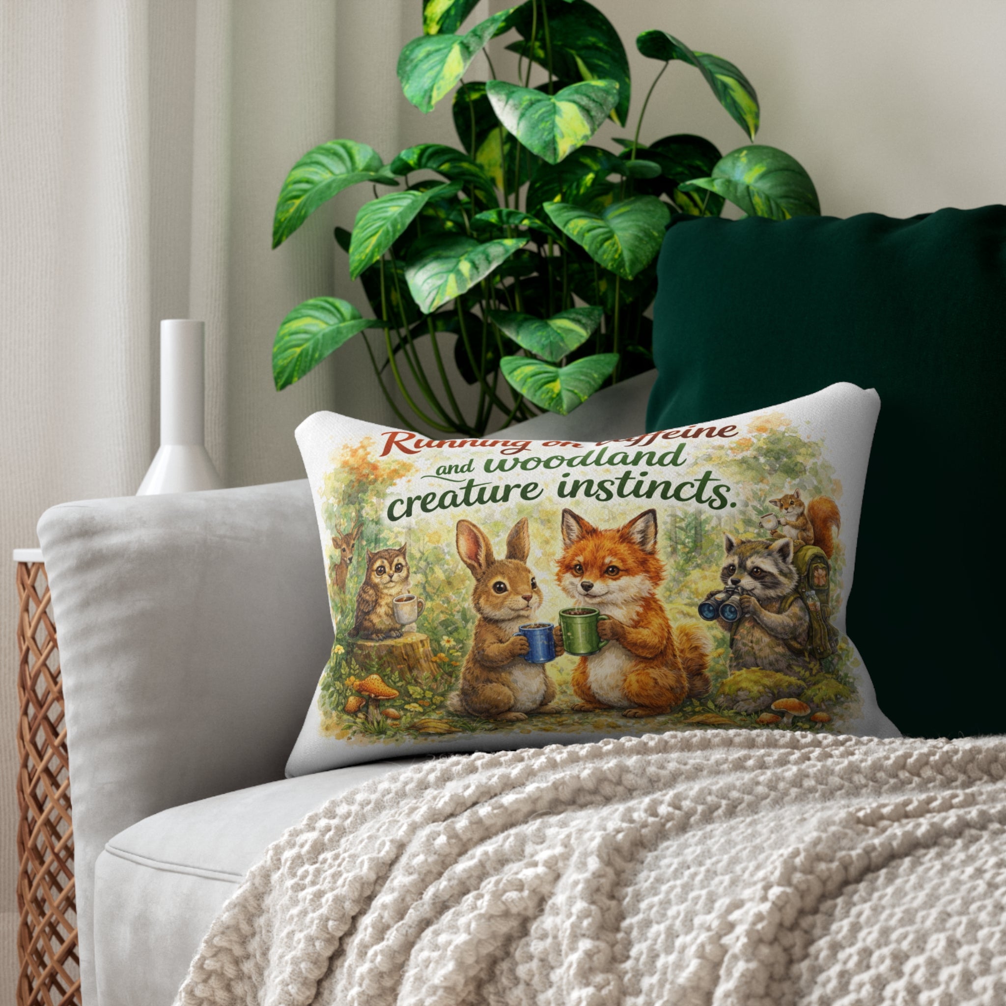 Lumbar Pillow — "Running on Caffeine and Woodland Creature Instincts" Cute Forest Animal Decor
