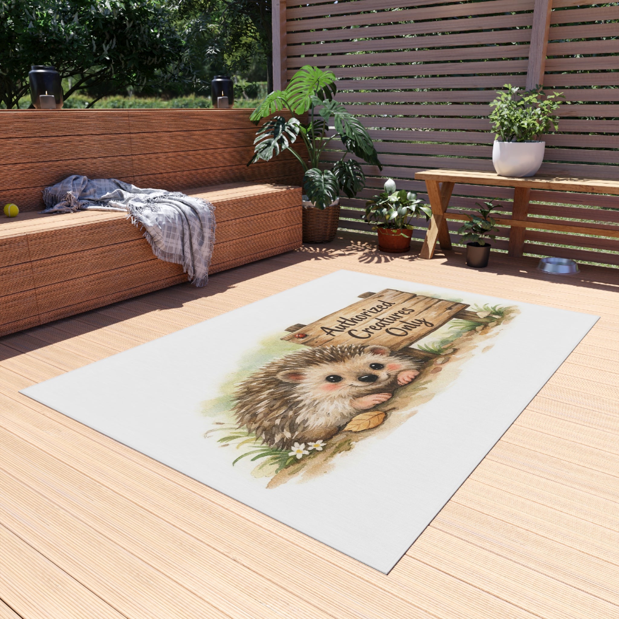 Outdoor Rug - Cute Hedgehog "Authorized Creatures Only" Doormat for Porch & Patio