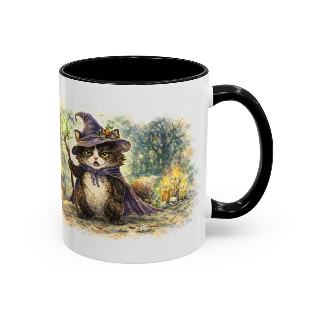 Witch Cat Coffee Mug - Cute Black Cat Wizard Illustration (11/15oz)