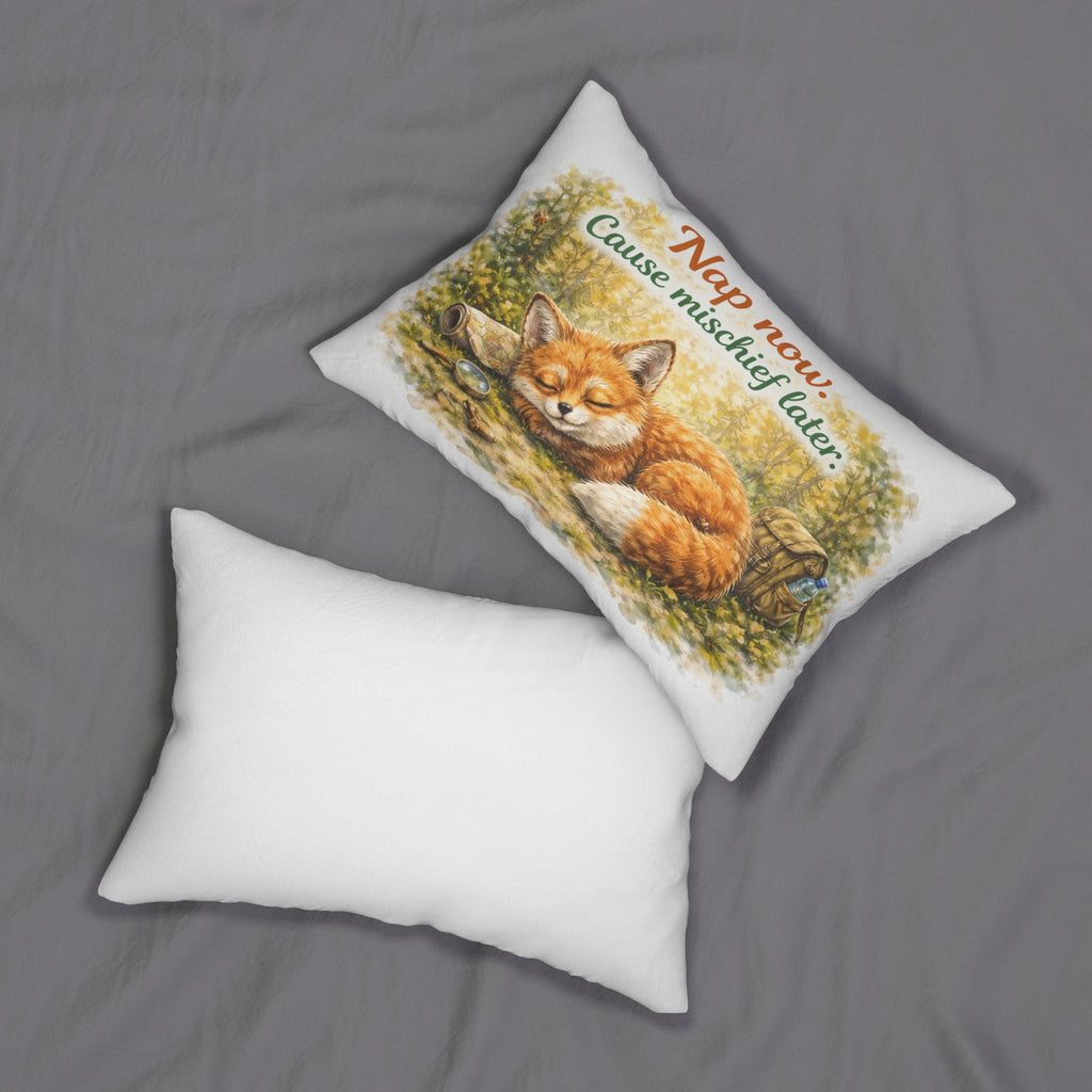 Lumbar Pillow — "Nap now. Cause mischief later." Cute Sleeping Fox Decorative Pillow