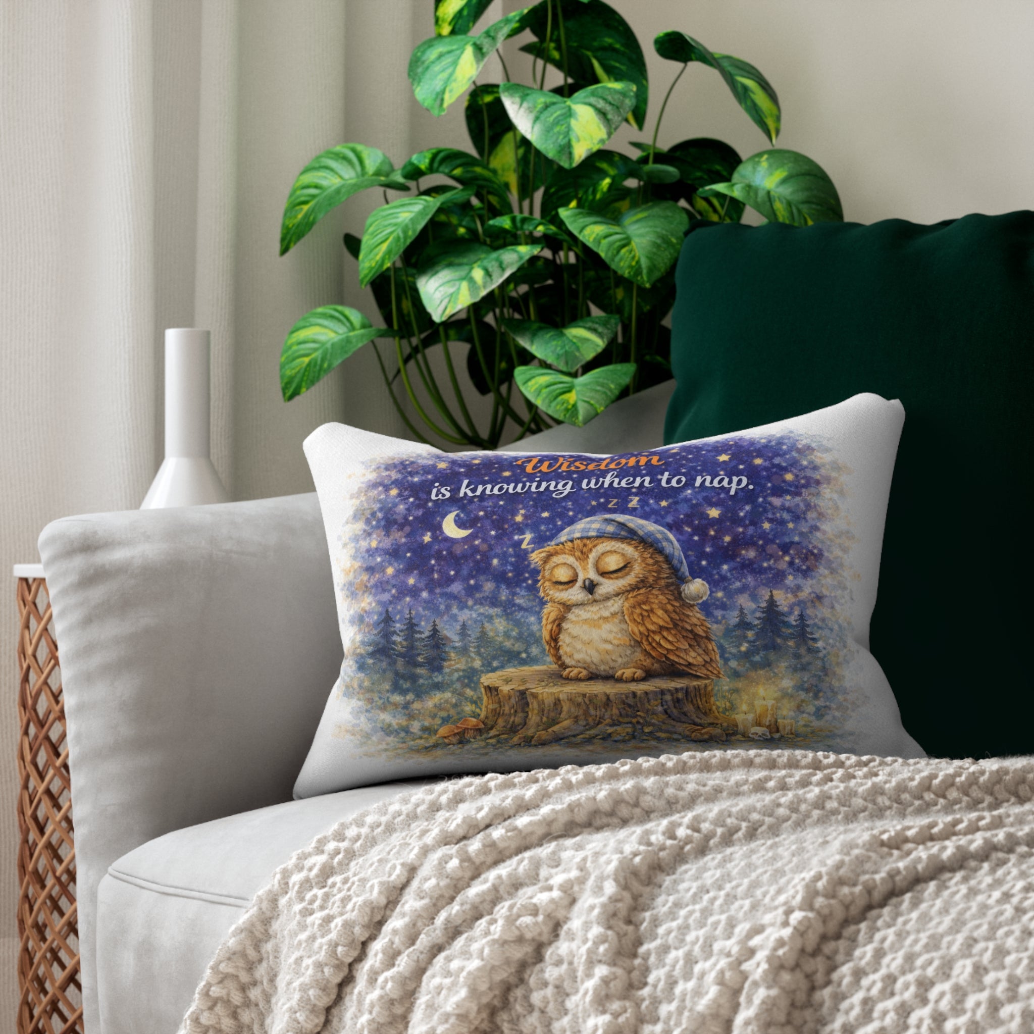 Lumbar Pillow — "Wisdom is knowing when to nap" Owl Night Sleep Decor