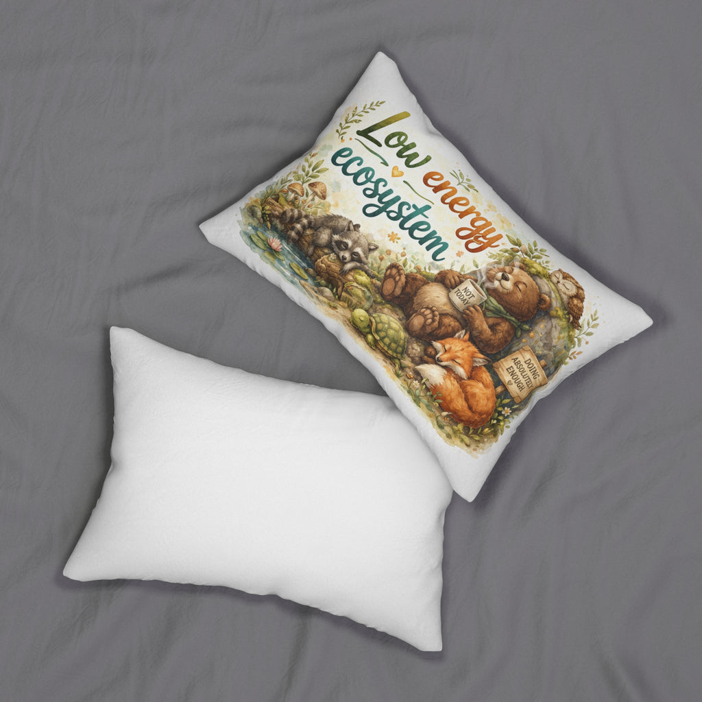 Low Energy Ecosystem Lumbar Pillow — Cute Woodland Animals Nap Time Decor