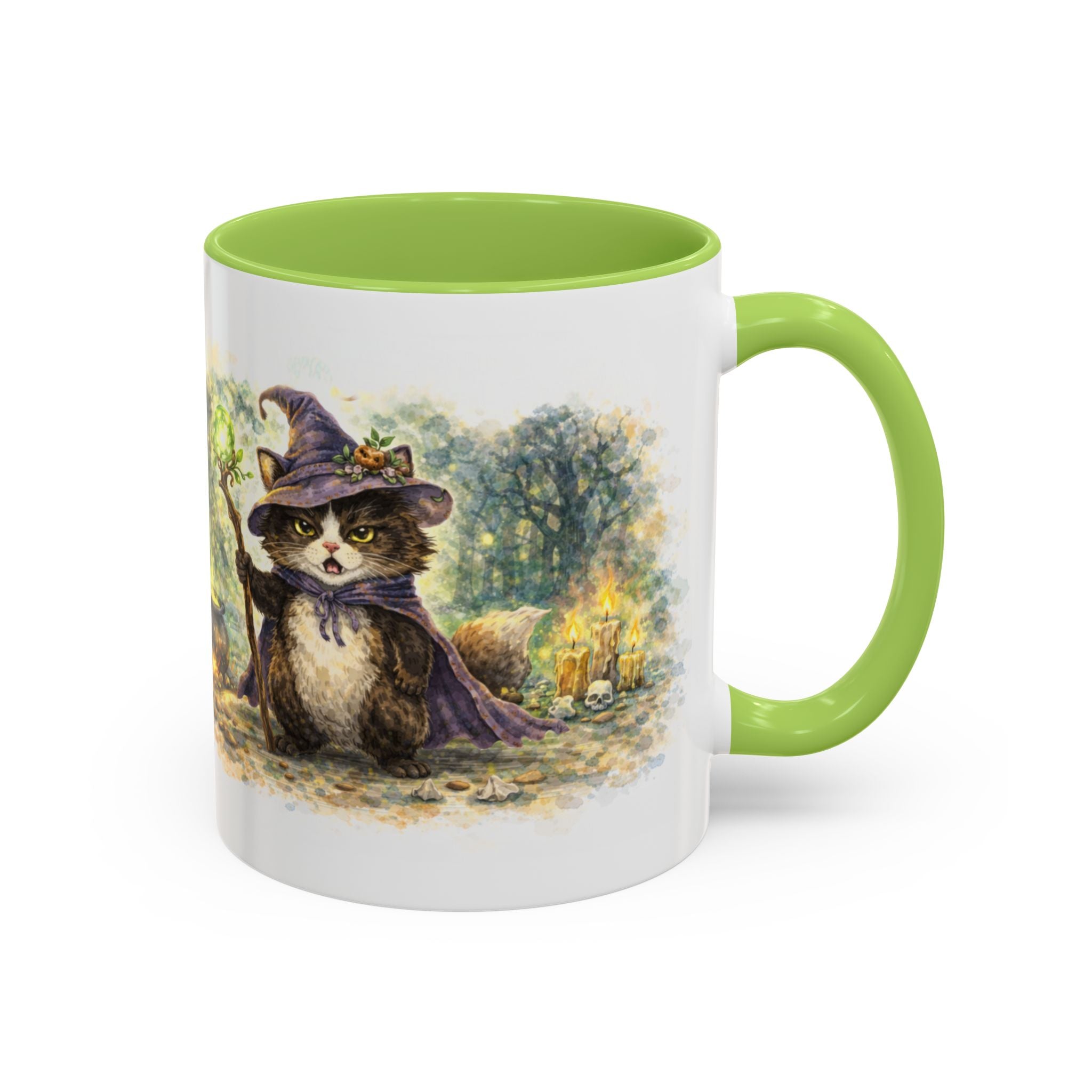 Witch Cat Coffee Mug - Cute Black Cat Wizard Illustration (11/15oz)