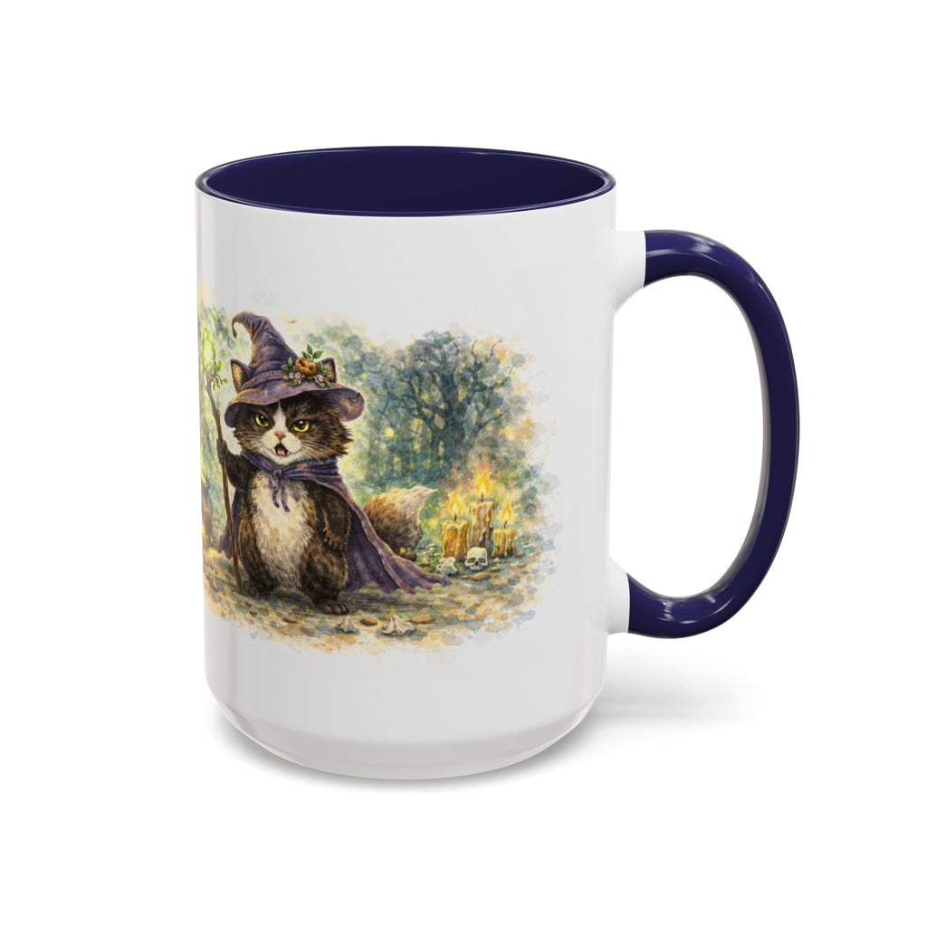 Witch Cat Coffee Mug - Cute Black Cat Wizard Illustration (11/15oz)
