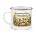 Enamel Camping Mug – "Running on Caffeine and Woodland Creature Instincts" (Cute Forest Animals, Outdoor Coffee Cup)